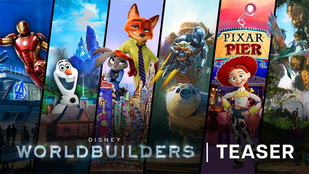 Arte de Disney Worldbuilders com personagens e áreas inspiradas em Marvel, Frozen, Zootopia, Star Wars, Pixar e Avatar.