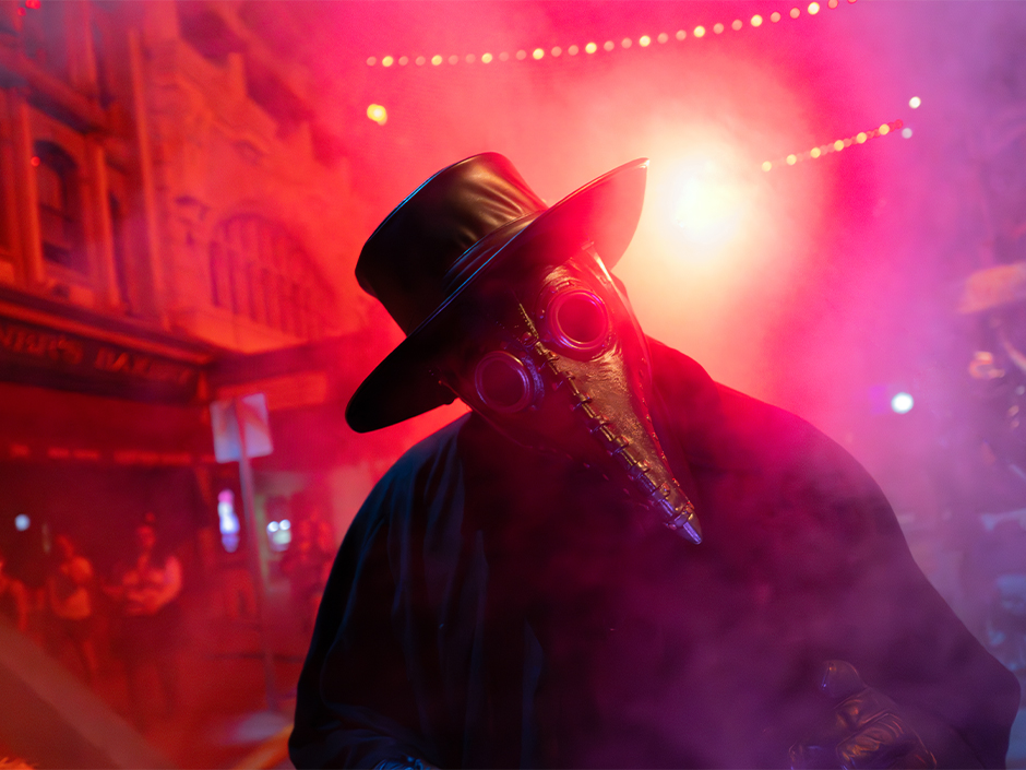 Scareactor vestido de médico da peste aparece entre luzes vermelhas e fumaça no Halloween Horror Nights 2025.