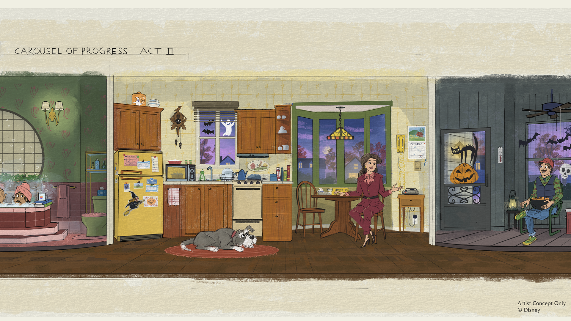 Arte conceitual da família de Carousel of Progress durante uma celebração de Halloween em 1985.