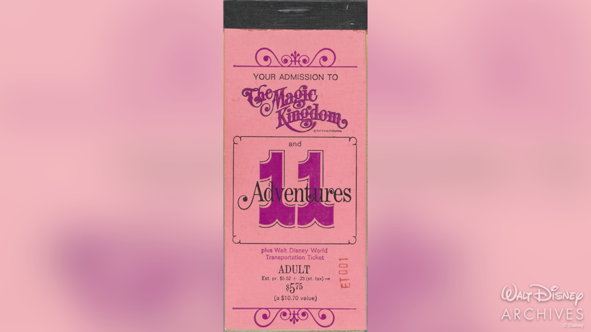 Livro rosa de ingresso do Magic Kingdom utilizado em 1971, com entrada e 11 experiências.