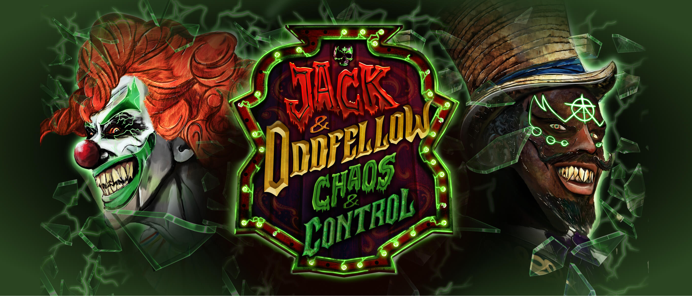 Jack the Clown e Dr. Oddfellow aparecem em lados opostos da arte da casa Chaos & Control do HHN 35.