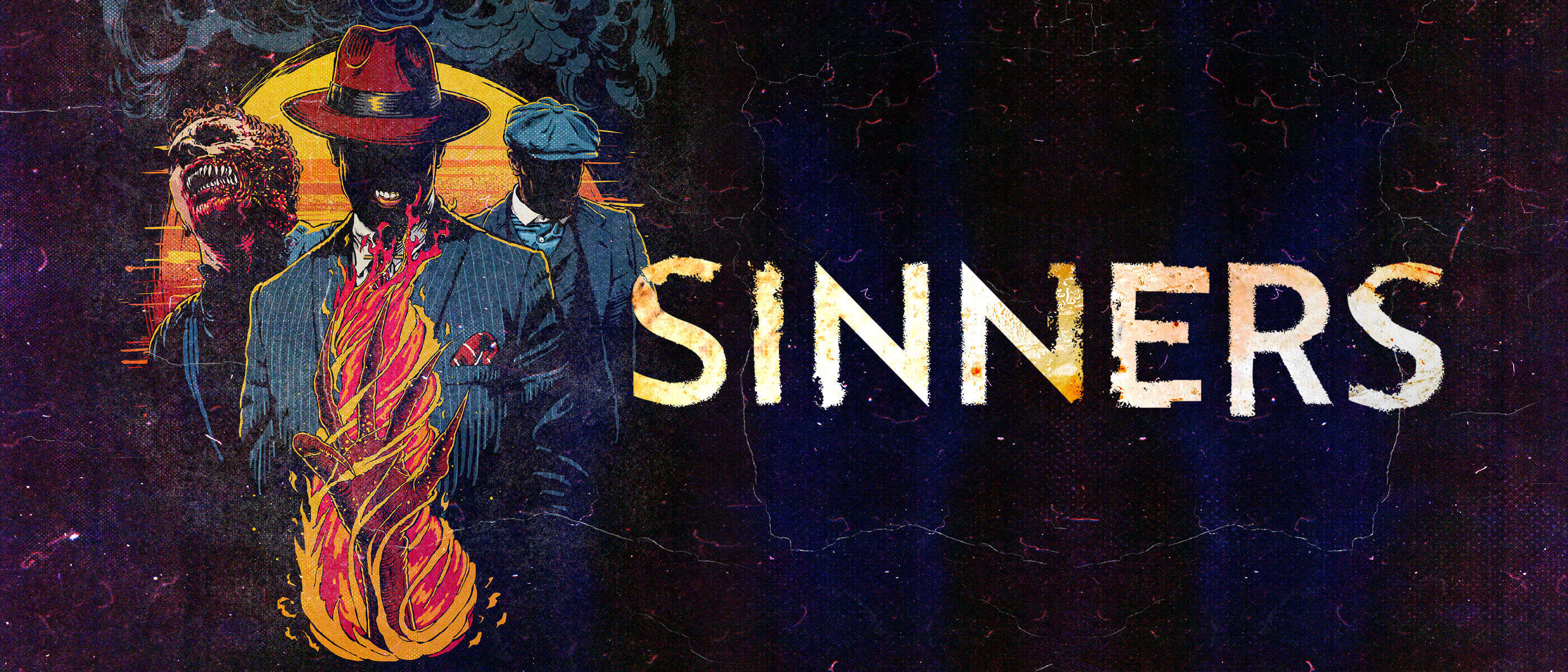 Arte da casa Sinners no Halloween Horror Nights 2026 com dois personagens diante de uma chama azul e vermelha.