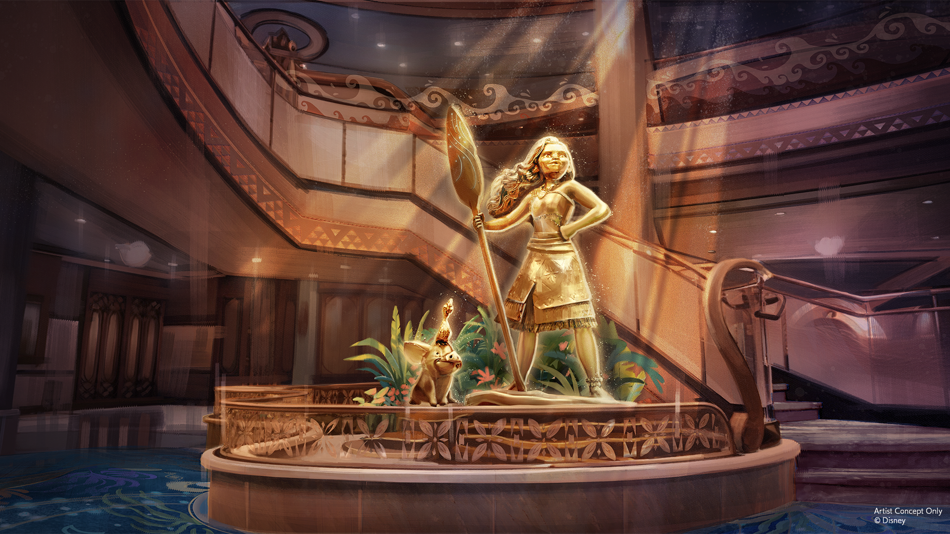 Arte conceitual do Grand Hall do Disney Believe com uma estátua de Moana, Pua e Heihei.