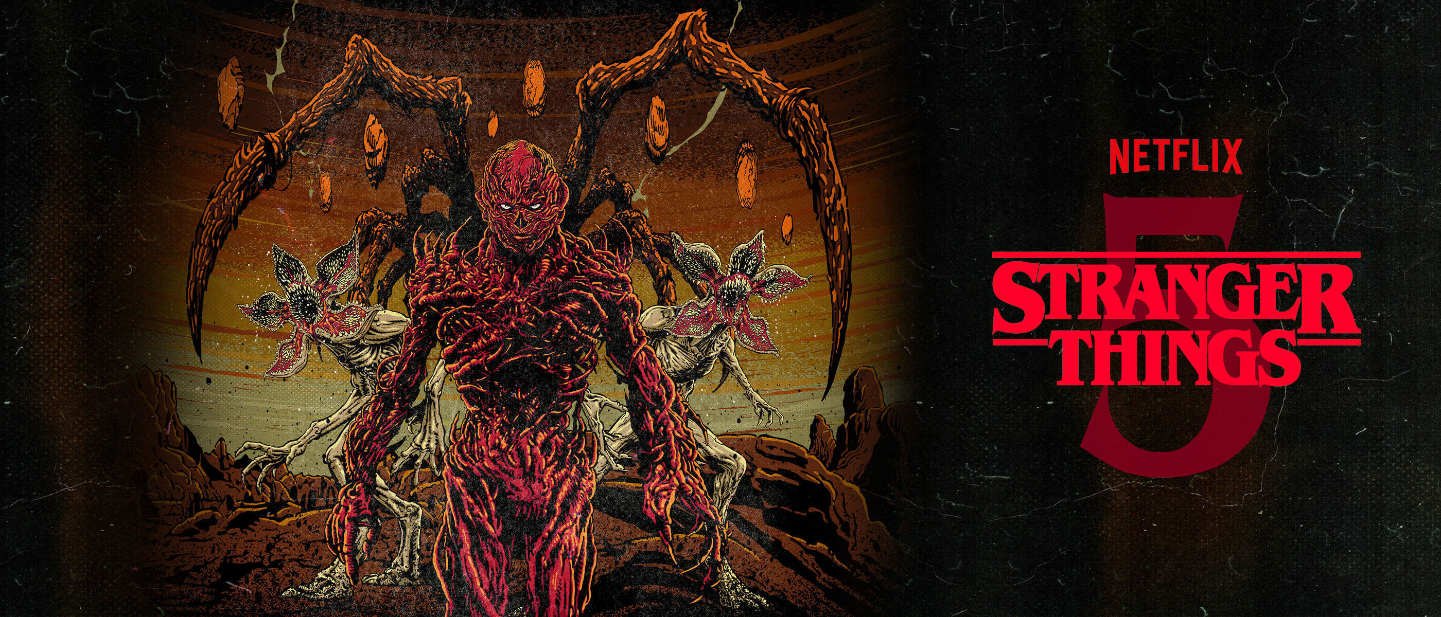 Vecna aparece diante de um cenário vermelho do Upside Down na arte de Stranger Things 5 para o HHN 35.