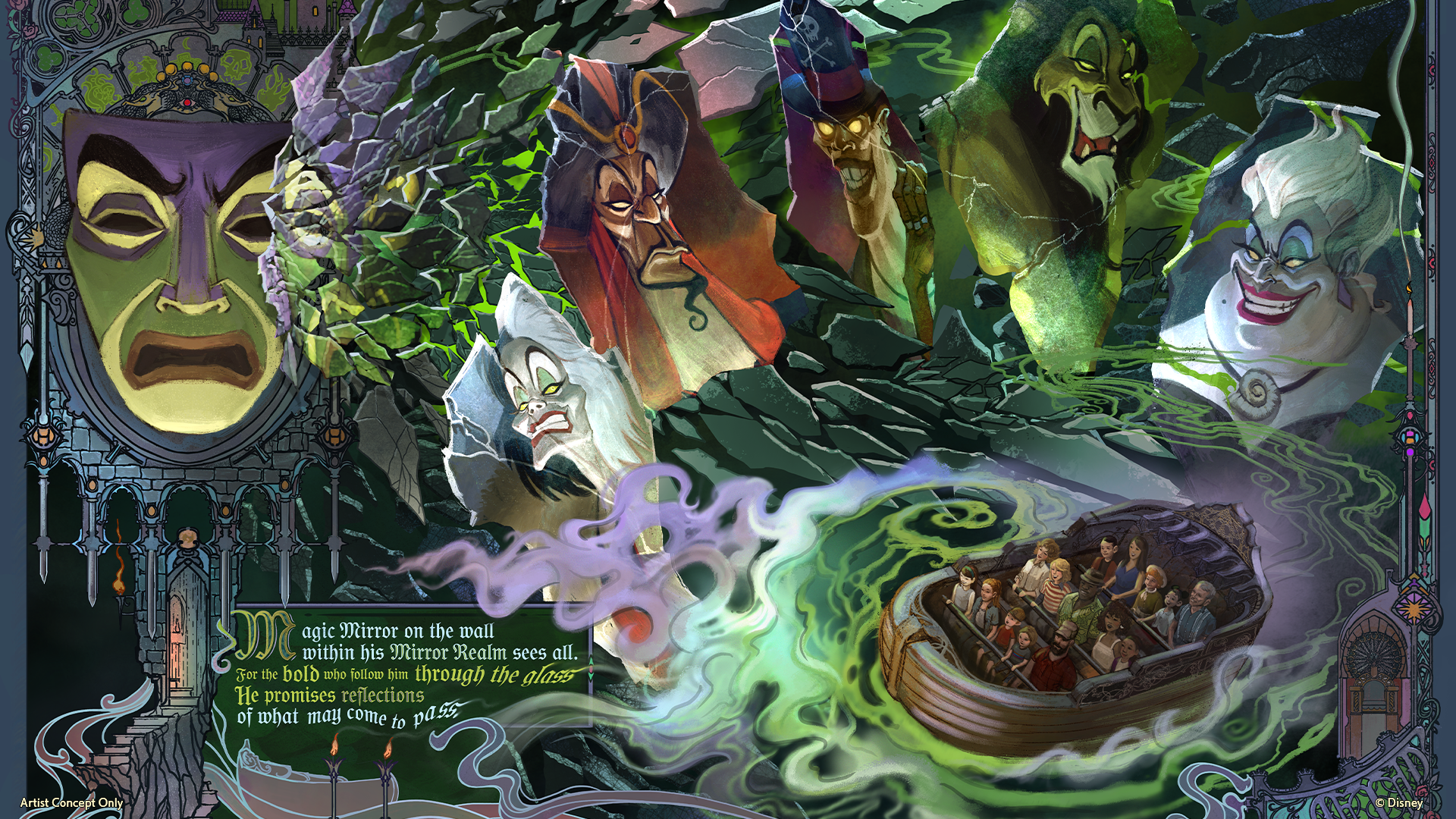 Arte conceitual do Mirror Realm com o Espelho Mágico e diferentes vilões da Disney.