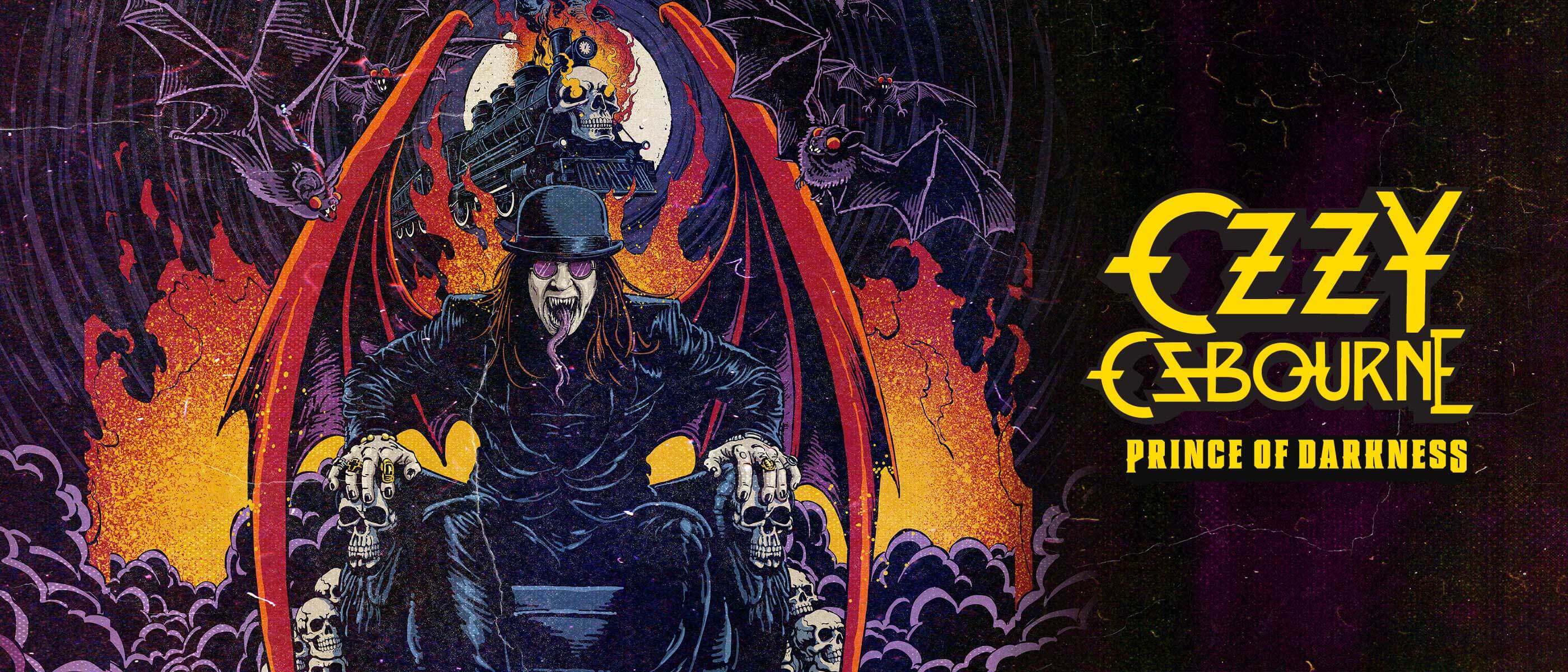 Ozzy Osbourne aparece sentado em um trono cercado por criaturas na arte da casa Prince of Darkness.
