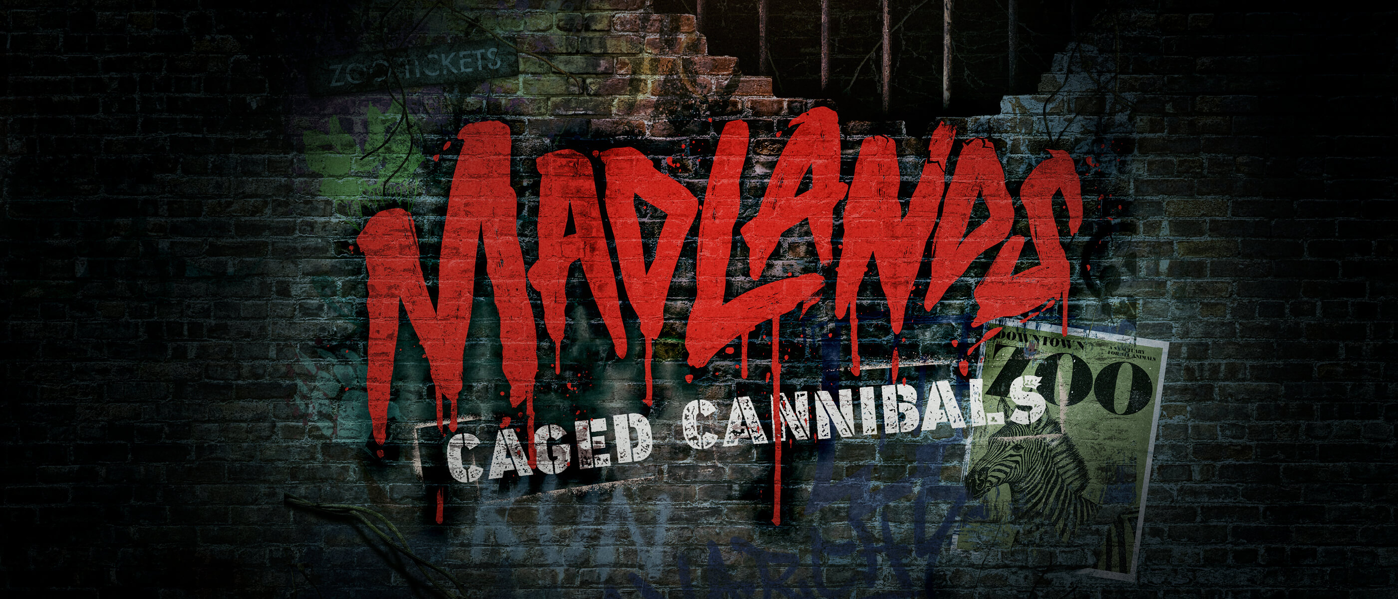 Nome MADLANDS Caged Cannibals aparece em vermelho sobre uma parede escura e desgastada.