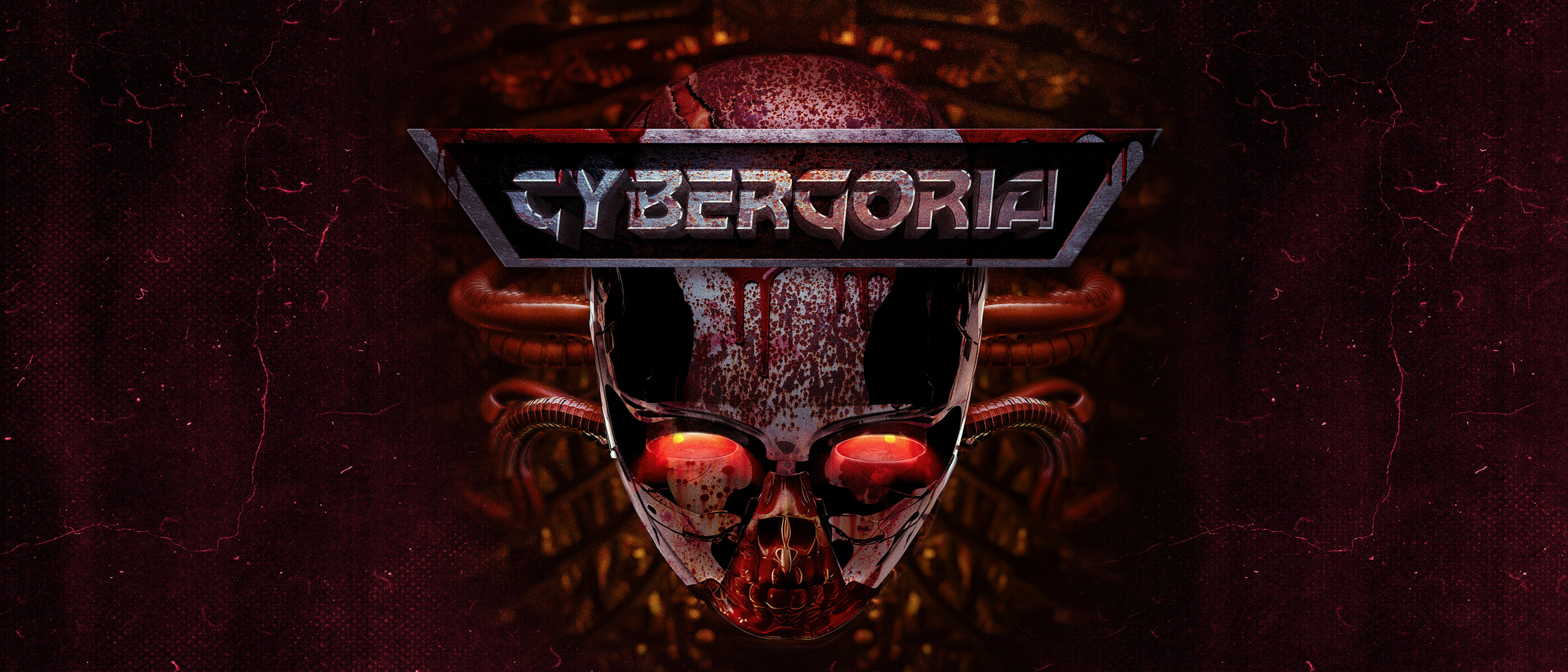 Crânio cibernético com olhos vermelhos aparece sob o nome Cybergoria na arte da casa do HHN 35.