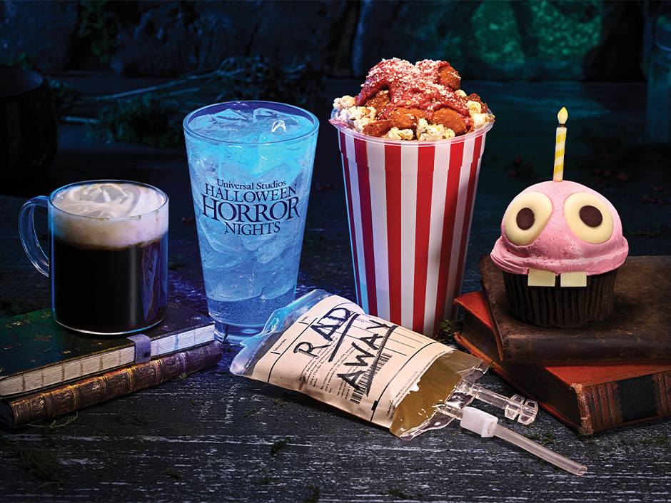 Bebidas, Bloody Popcorn, RadAway e Mr. Cupcake aparecem entre os itens do Halloween Horror Nights 2025.