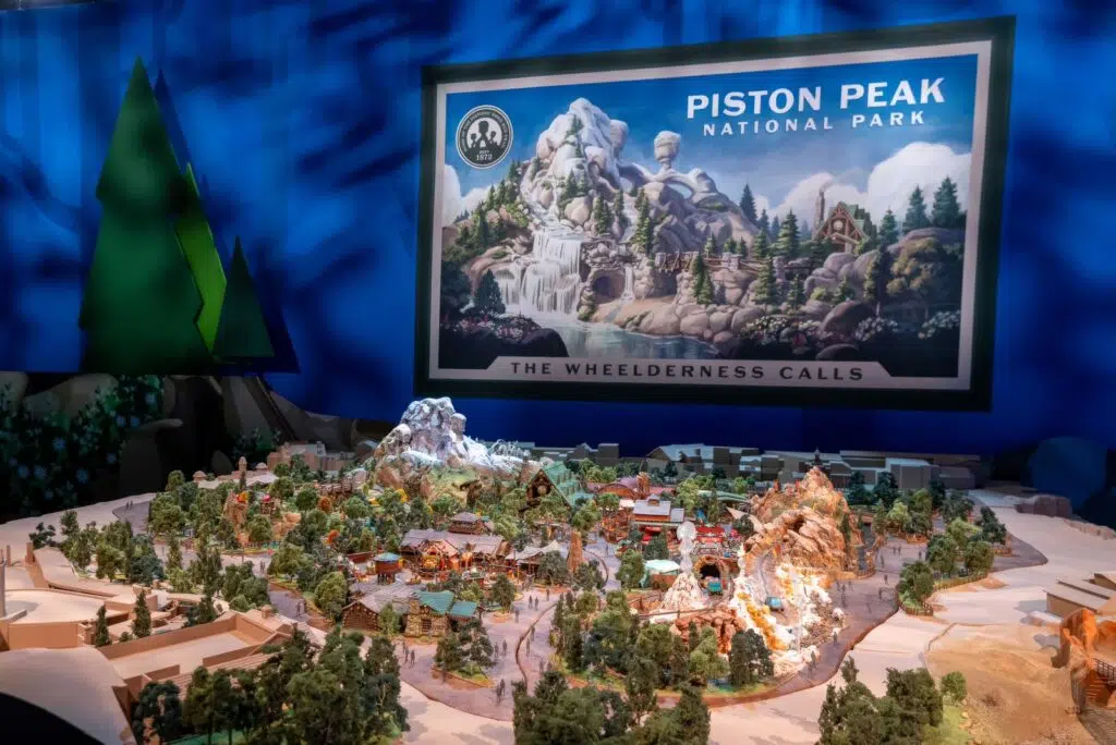 Visão geral da maquete de Piston Peak National Park apresentada na D23 2026.