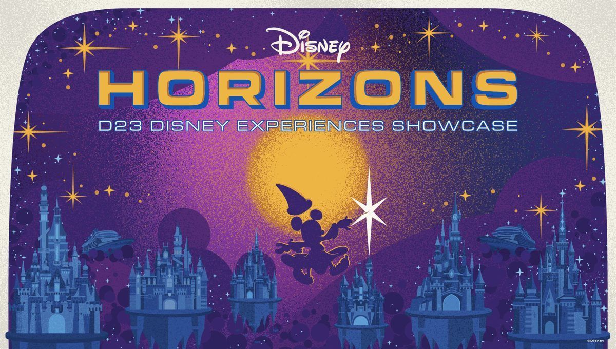 Arte oficial do painel Horizons: D23 Disney Experiences Showcase, com o Feiticeiro Mickey