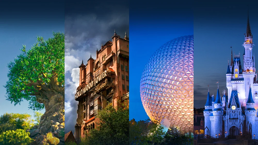 Montagem com os quatro parques temáticos do Walt Disney World para divulgar o ingresso 4 Park Magic 2027.