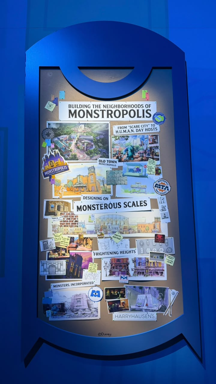 Painel com estudos e referências para a construção dos bairros de Monstropolis no Disney’s Hollywood Studios.